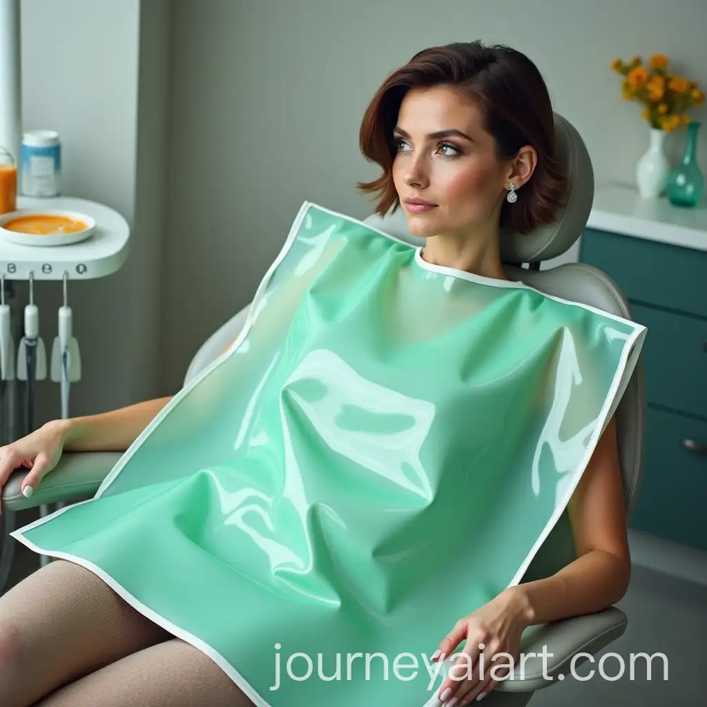 Stylish-American-Woman-in-Silver-Evening-Dress-at-Dental-Clinic