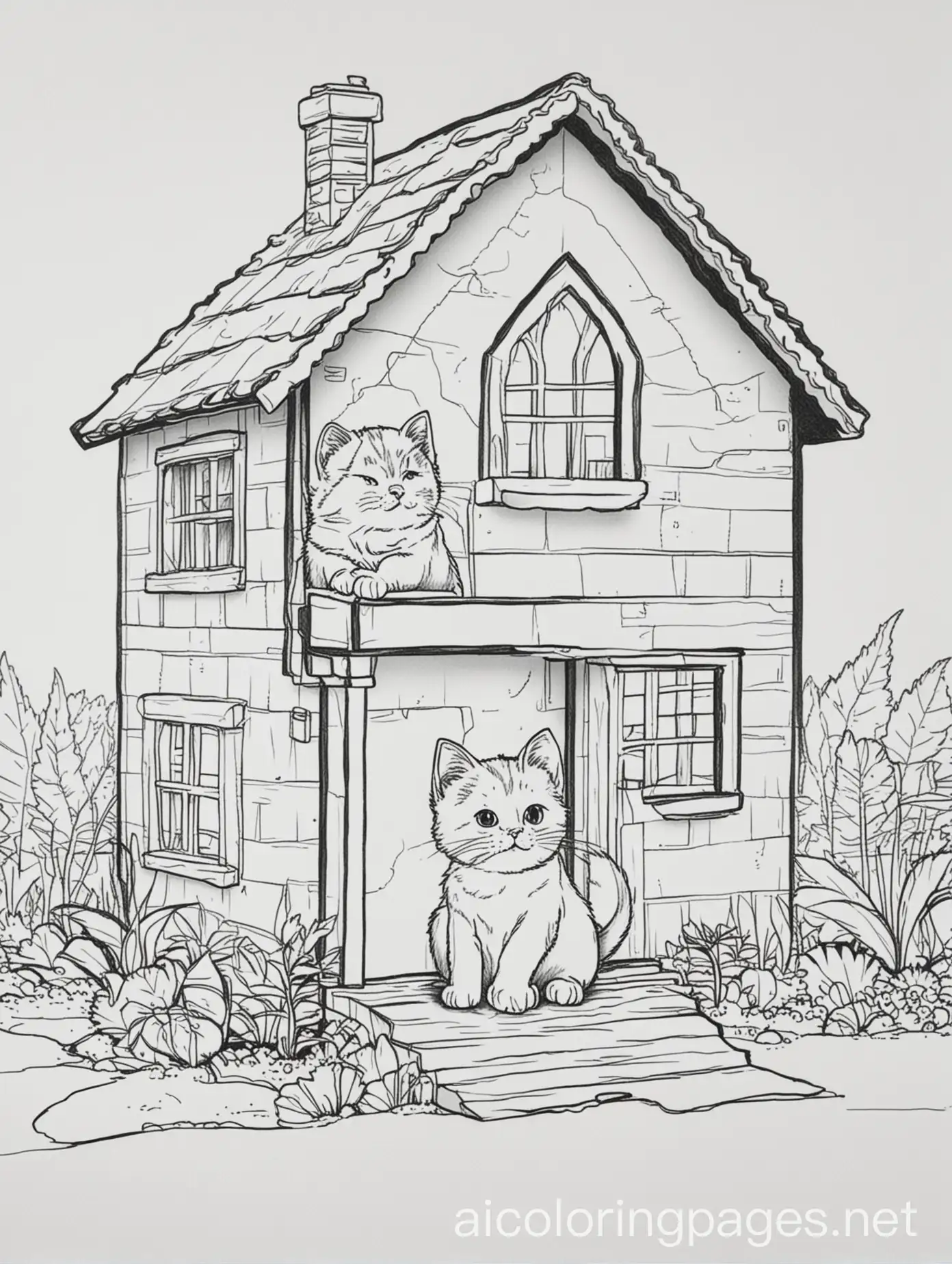 a cat in house, Coloring Page, black and white, line art, white background, Simplicity, Ample White Space. The background of the coloring page is plain white to make it easy for young children to color within the lines. The outlines of all the subjects are easy to distinguish, making it simple for kids to color without too much difficulty
