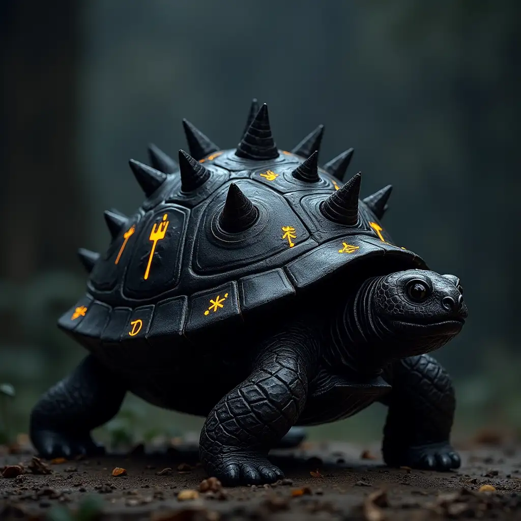 Magical Black Turtle with Glowing Runes on Diamondlike Shell