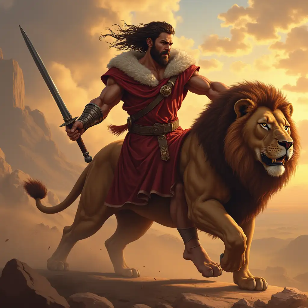 create a picture of Samson the hero with a lion-winning muscle in battle