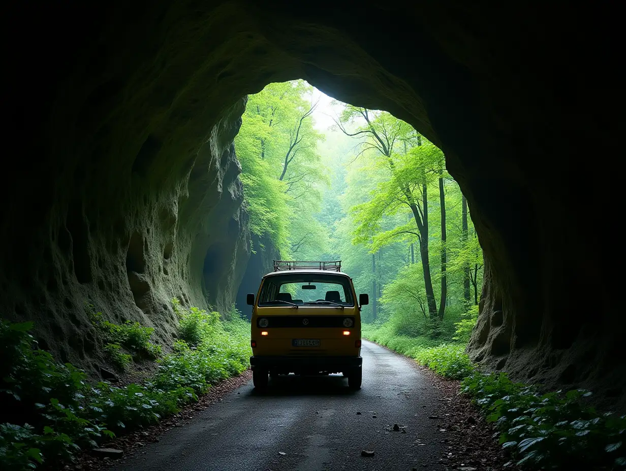 van in a abandoned natural cave, view on a green screen, on foot without car