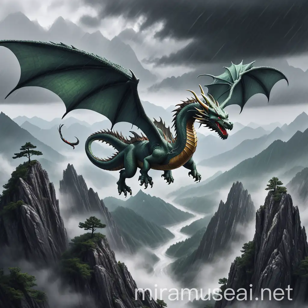 Majestic Dragon Soaring Amid Rainy Mountaintops