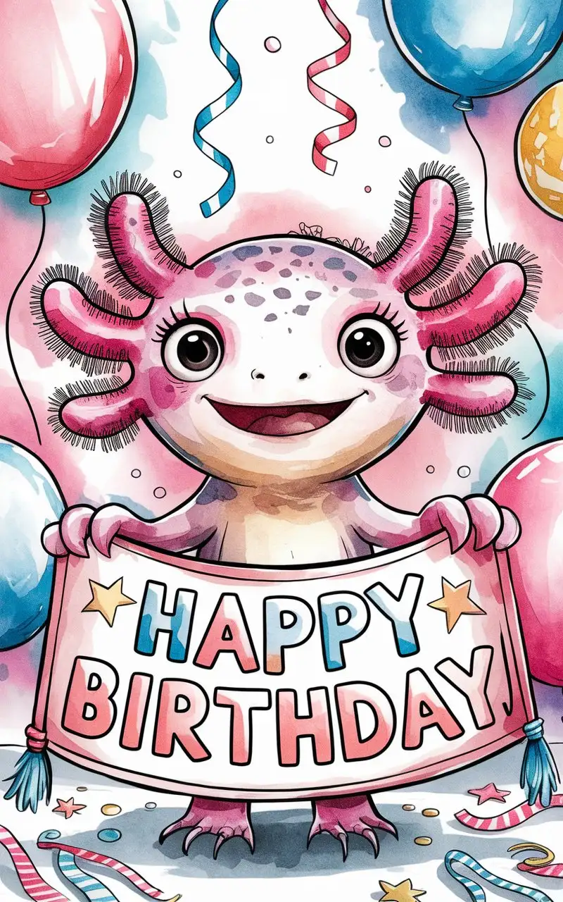 Kawaii Axolotl Birthday Invitation in Watercolor Style