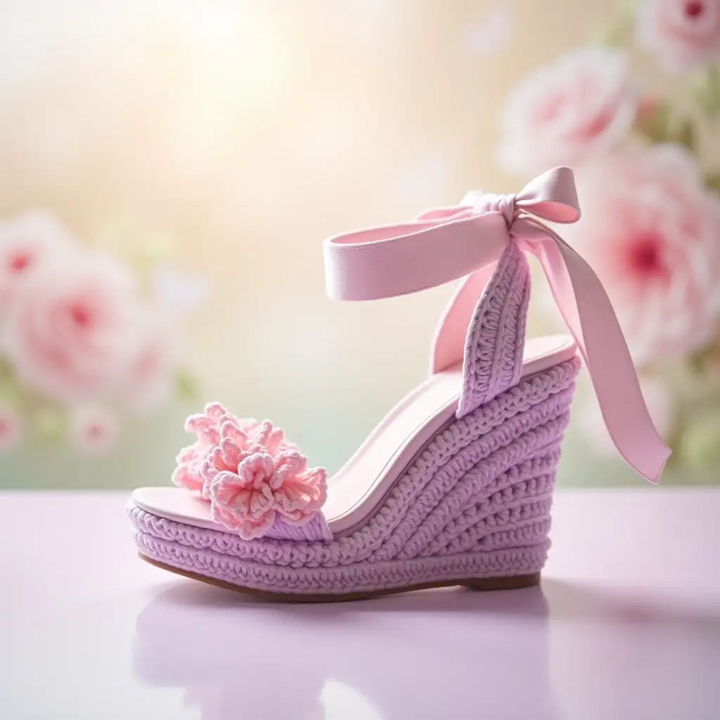 A delicate pastel-themed crochet wedge sandal in soft lavender and blush pink. The wedge is wrapped in a lace-like crochet pattern, while the upper features gentle ruffles for a feminine, airy look. The ankle strap is a soft satin ribbon, adding an extra touch of elegance. The background is a dreamy, softly lit floral scene, giving the image a fresh and summery feel.