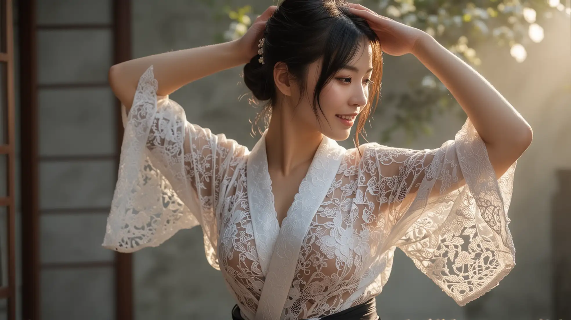 Chinese-Girl-in-Erotic-Transparent-Lace-Kimono-Yukata-with-Satin-Belt-in-Outdoor-Morning-Light