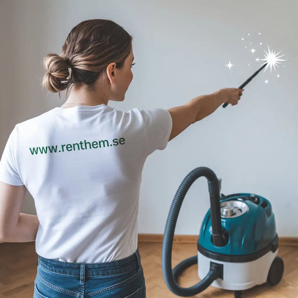 Magic Cleaning Woman in White TShirt Using a Wand to Enchant a Vacuum Cleaner