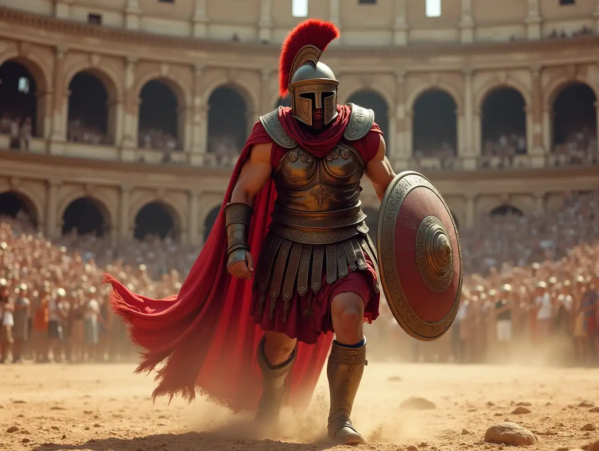 Creating a digital painting of a powerful, robust Roman fighter in the Colosseum (Amphitheatrum Flavium) with dusty ground and intricate armor detailing with a photorealistic love for parts and lighting.