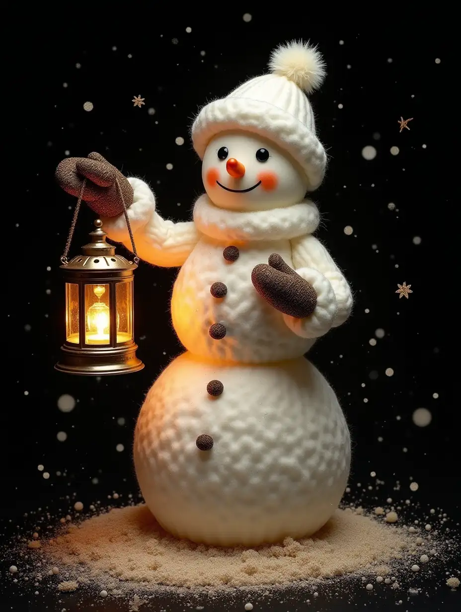 A snowman wearing white woolen , holding an antique lantern in his hand and waving goodbye to the viewer, made of sparkling glitter dust on black background, by Lilia Alvarado , Agnes, 'Nobuyoshi Araki' style , brown color scheme , very detailed