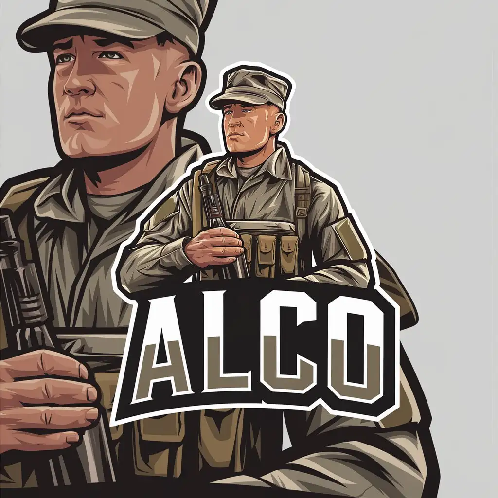 LOGO Design for ALCO Vector Logo Featuring a Military Man with Bottle for Airsoft Industry