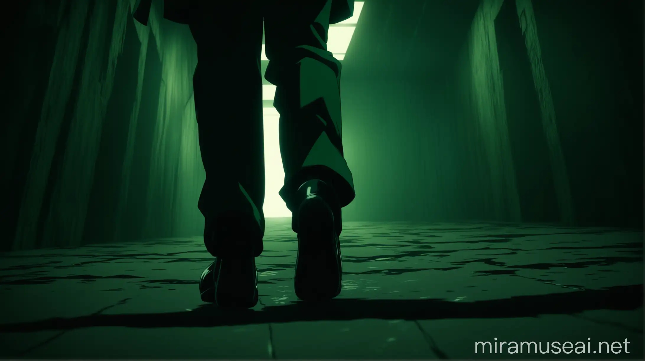 Anime Character Walking in Underground Room with Dark Green Aesthetic