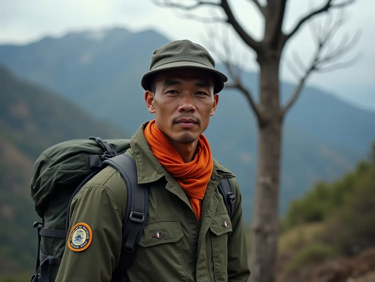 35 year old Indonesian man, undercut, wearing a climber's hat, wearing a military jacket, carrying a backpack, wearing an orange neck scarf, badge on his right arm, body and face facing the camera, standing in front of a dry tree, in the cinematic, portraitialistic mountains