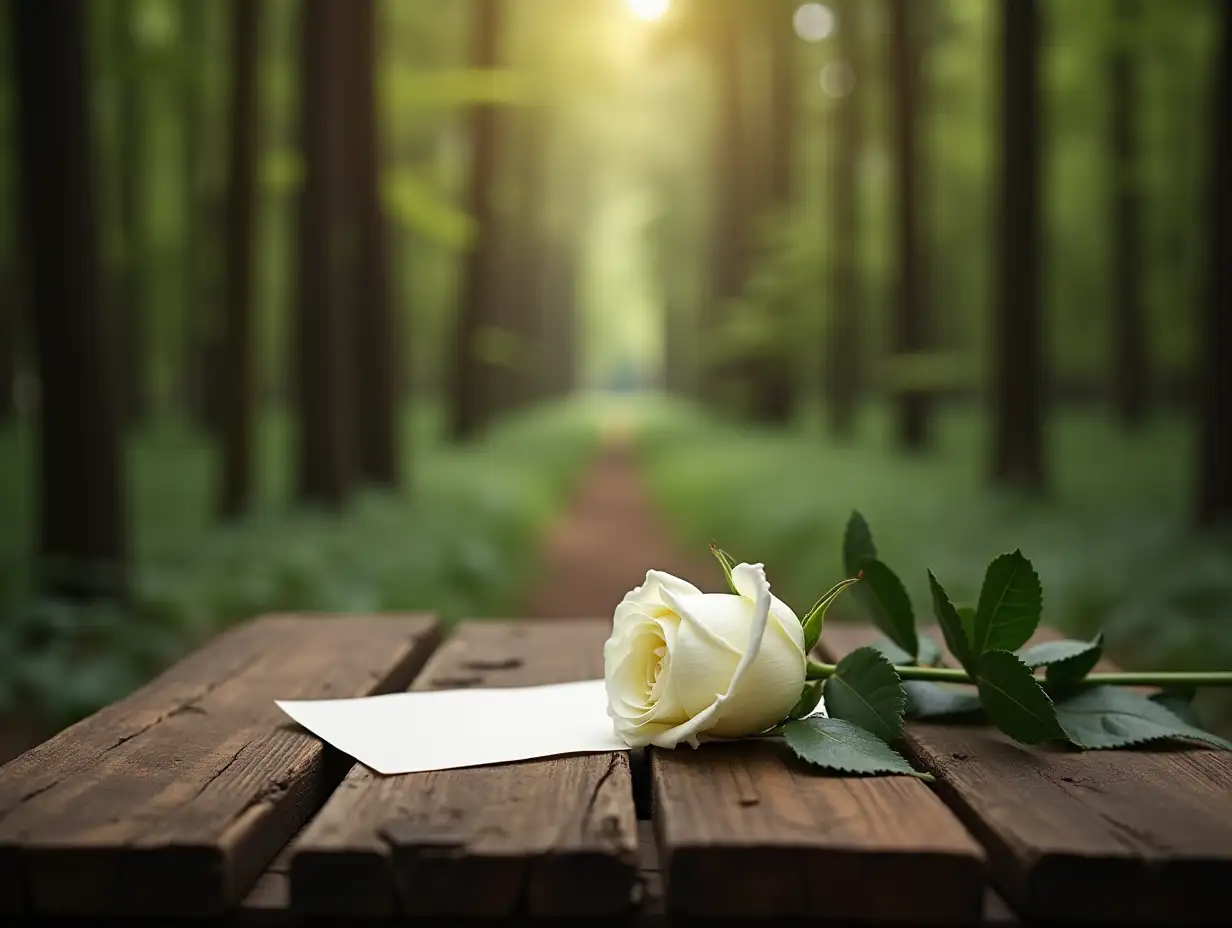 In the middle of forest trees there is a table made of wood and on the table a beautiful white rose with a folded letter