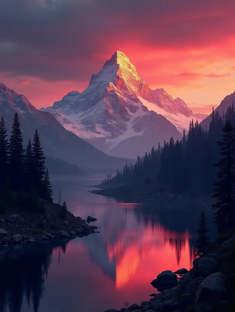 photo-realistic mountain sunset with snowy peaks and crimson reflections