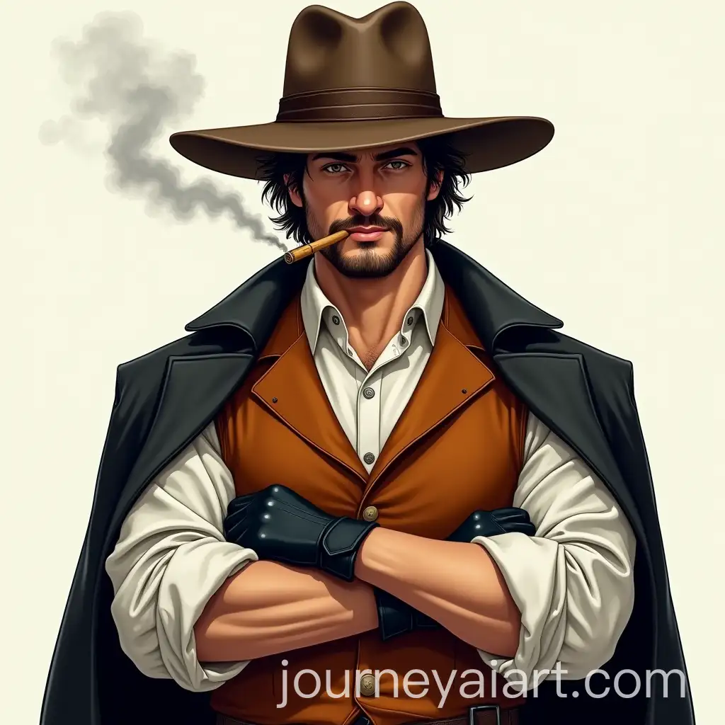 1890s-Outlaw-with-Panama-Hat-and-Leather-Outfit-Smoking-Cigarette