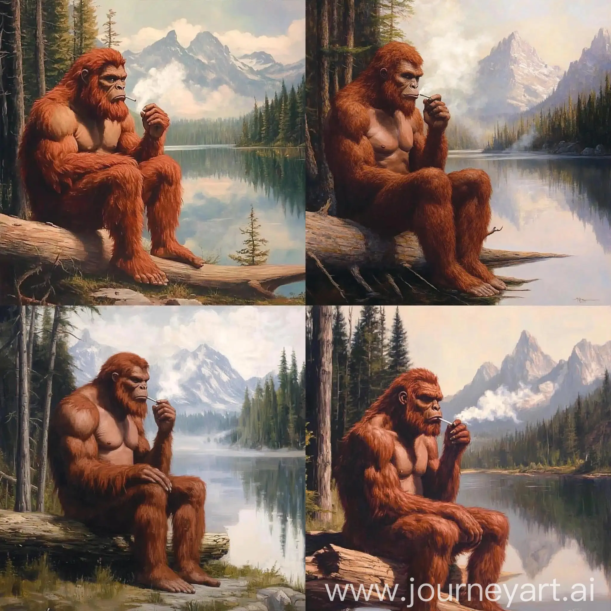 Serene-Bigfoot-Creature-Smoking-by-Tranquil-Lakeside