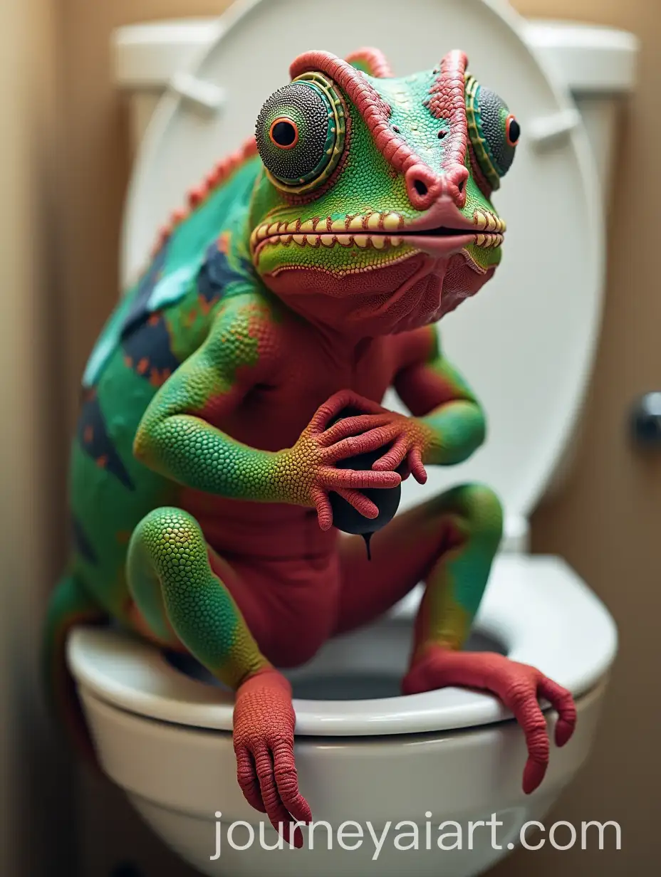 Chameleon-Eating-Beetroot-on-Toilet