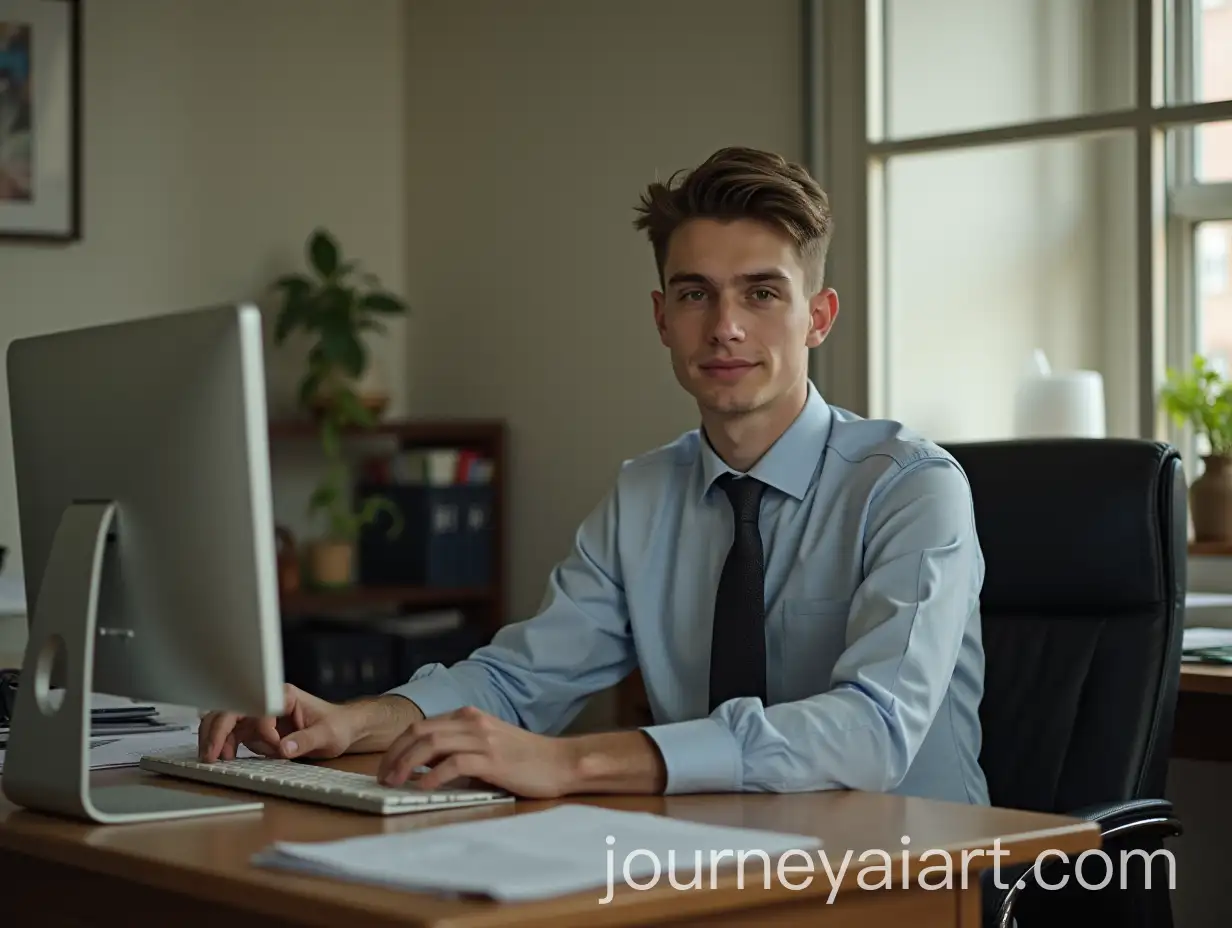 Young-Man-Working-as-Clerk-in-Modest-Office-Setting