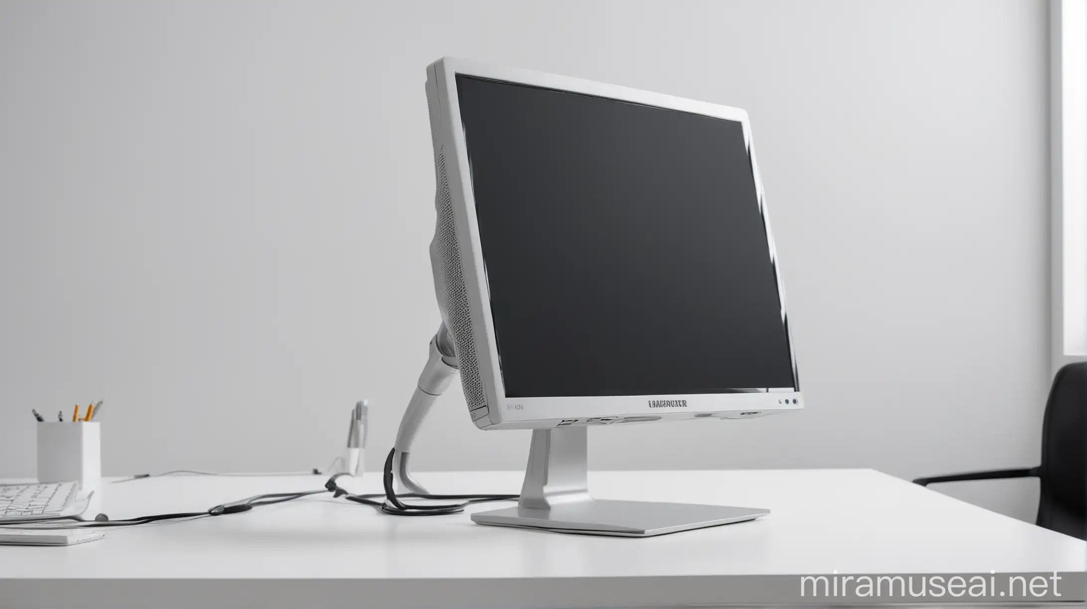 Silver Monitor Side View on White Office Desk