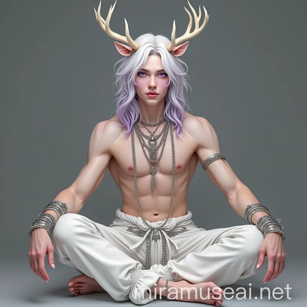 Androgynous Twink with Ivory Elk Antlers and Violet Eyes