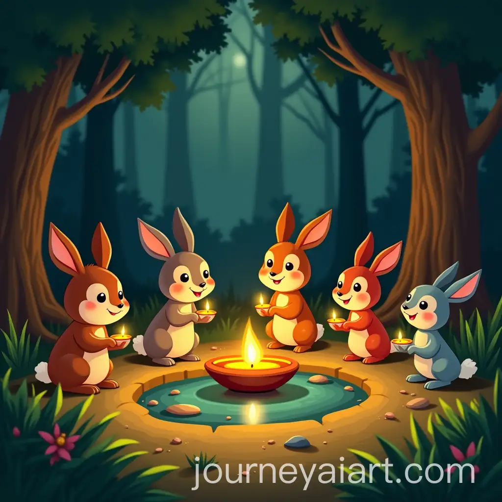 Forest-Animals-Joyfully-Celebrating-Diwali-with-Lamps-by-a-Glowing-Pond