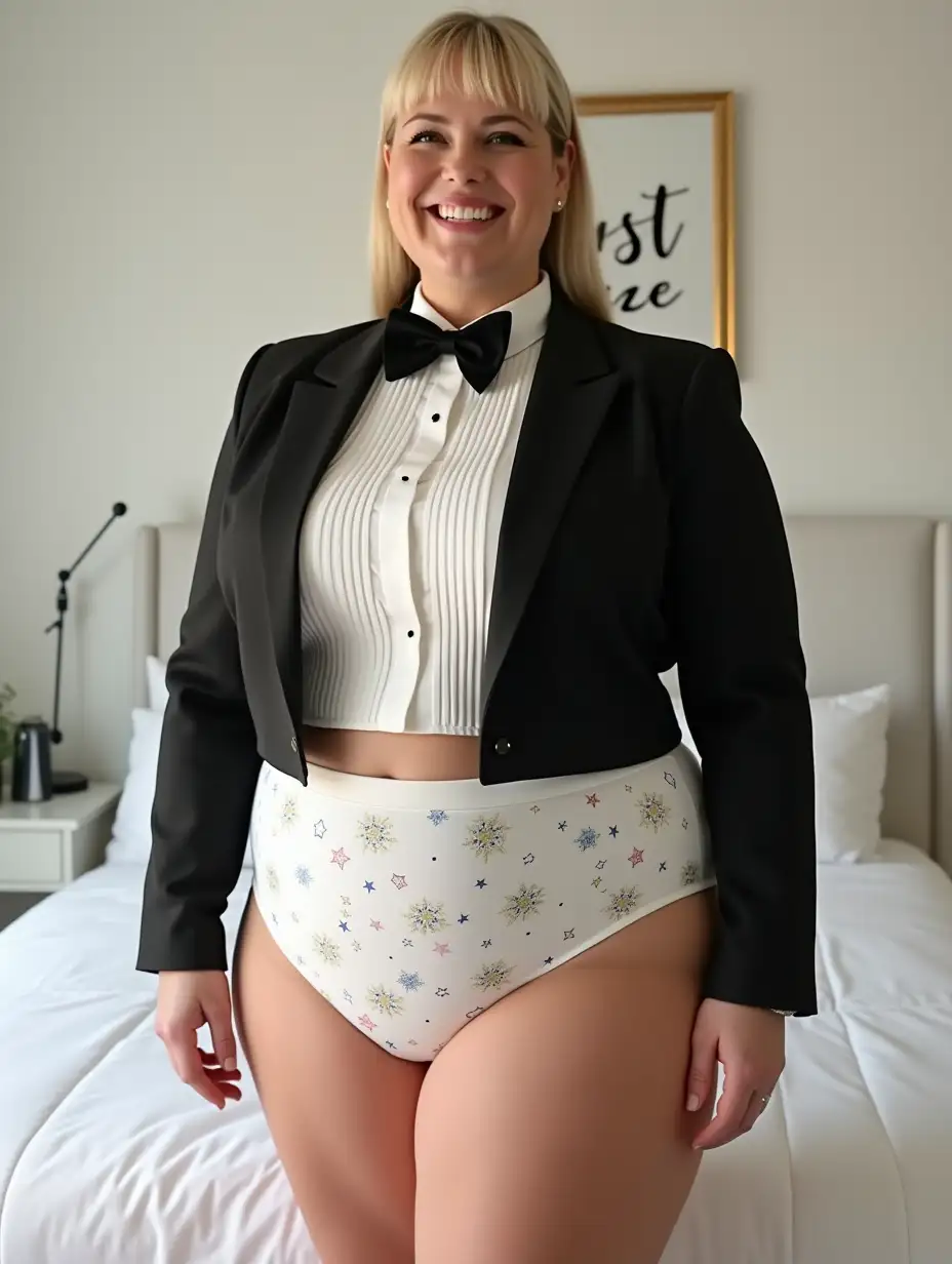 Smiling-MiddleAged-Woman-in-Formal-Tuxedo-in-White-Bedroom-with-Just-My-Size-Sign