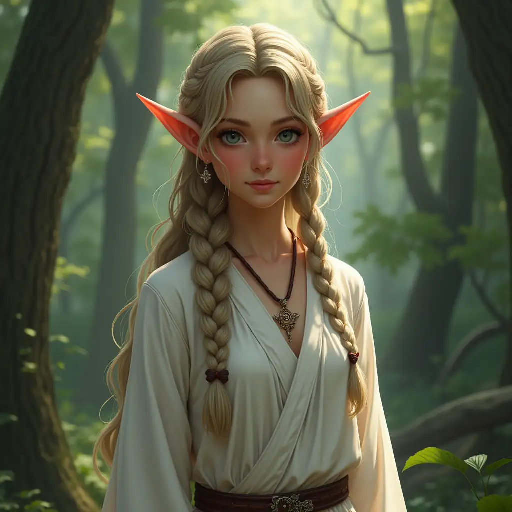 Elf girl, 30 years old, realistic style, pointed ears, long braid on her head, dressed in a white chiton, full-length, forest