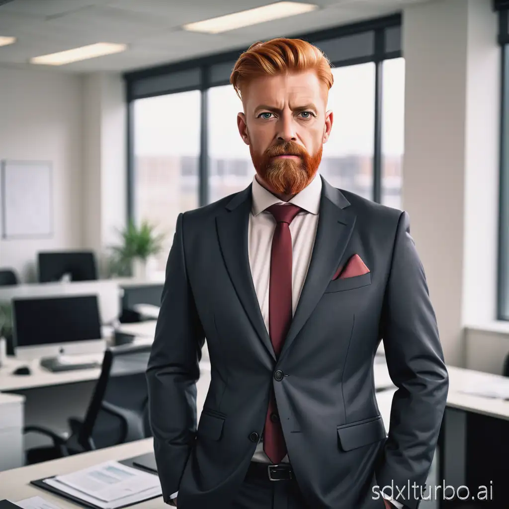 Middleaged man with red-blonde hair with stylish hair and a short full beard, standing in an office, 1/2 size, wearing a suit