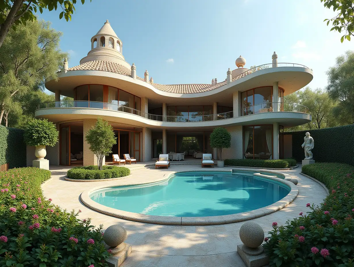 Create a house with human elliptical curve many tower roof,with a large garden and pool with,colorful bushes and statues panoramic image 180 degrees shots 4K resolution