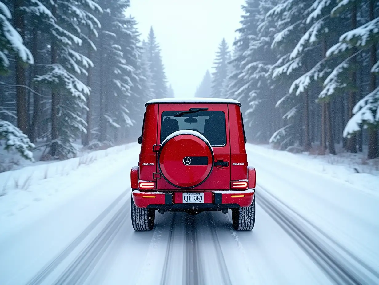 the red G63 is driving along a road surrounded by a snow-covered forest, it is snowing, view from below, from behind