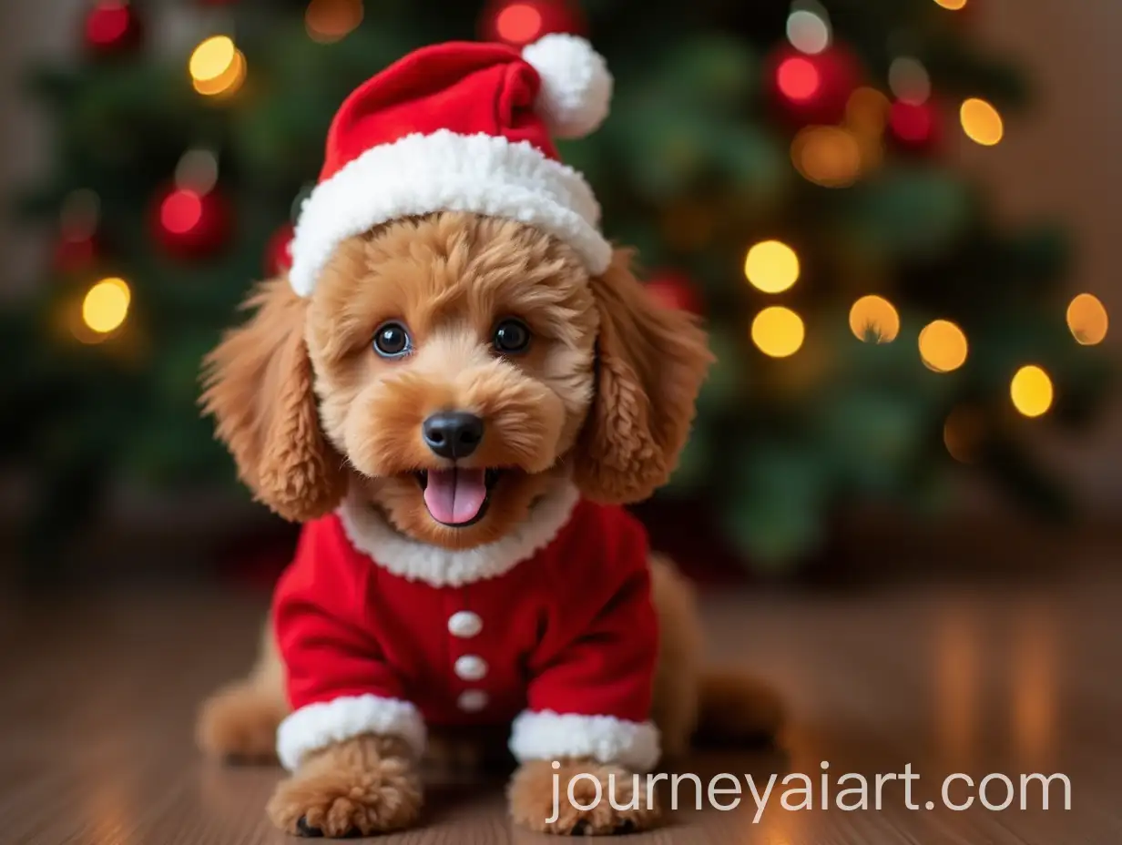 Fluffy-Brown-Poodle-Puppy-in-Santa-Costume-by-Christmas-Tree