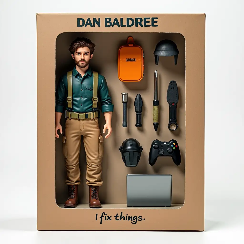 Create a posable action figure set based on the character in the photo, keeping their distinct features. The set includes one figure modeled after the photo’s character, along with camping gear, tools, video game controller, and a laptop. The packaging box is titled 'DAN BALDREE' in bold text. Under the title in smaller text is a quote: 'I fix things.'