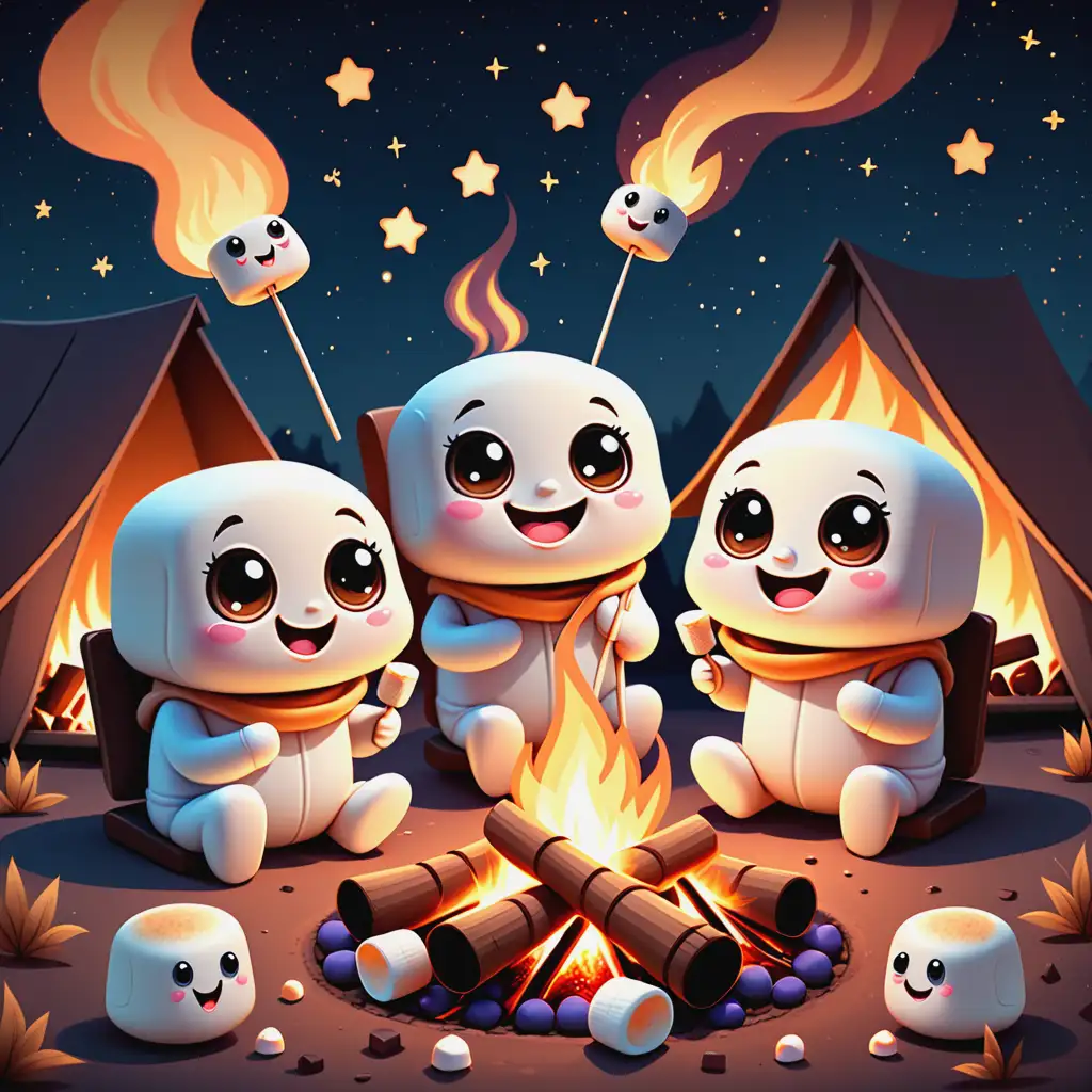 Happy Stars Roasting Marshmallows Around Campfire