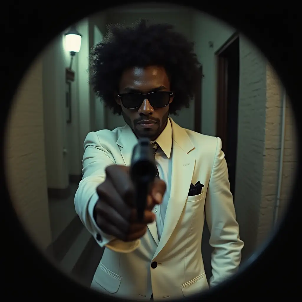 a man with curly black hair, skin color black, wearing black sunglasses, in a white suit, holding a gun, camera view through the peephole, background private courtyard, night time, retro style noise