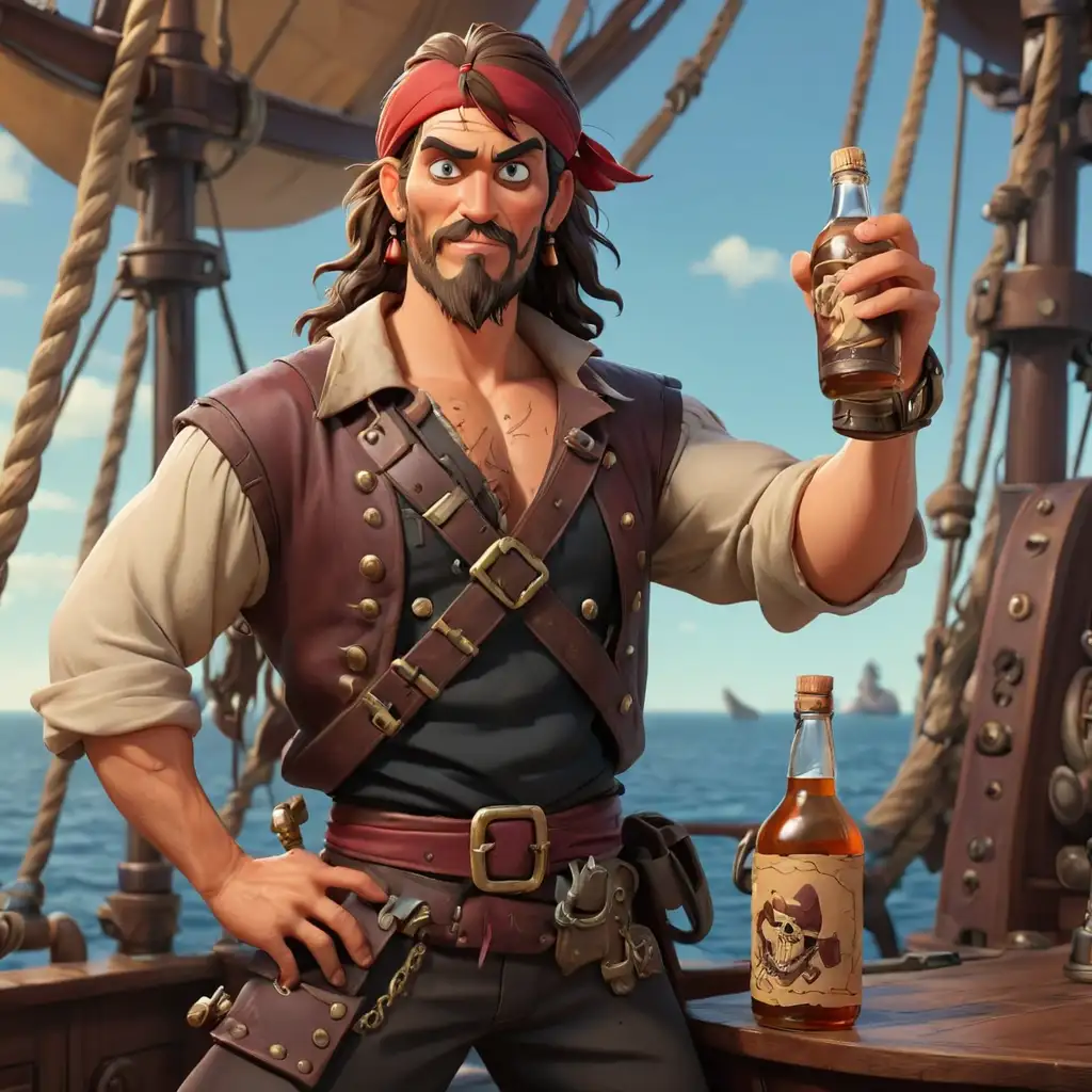 Attractive-Pirate-Man-Holding-Bottle-on-Ship