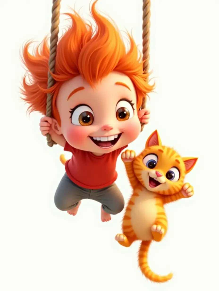 A playful, animated scene featuring a young child with wild, bright red hair, hanging upside down from a thick rope. The child is grinning widely, showing a sense of joy and adventure, with large, expressive eyes. Next to the child, a cute, fluffy orange tabby cat with large eyes is also hanging by its paws, mirroring the playful energy. The overall atmosphere is light-hearted and fun, with soft lighting and a white background that highlights the vibrant colors of the characters. The child is wearing a simple red t-shirt and grey pants, while the cat has a curious and slightly mischievous expression