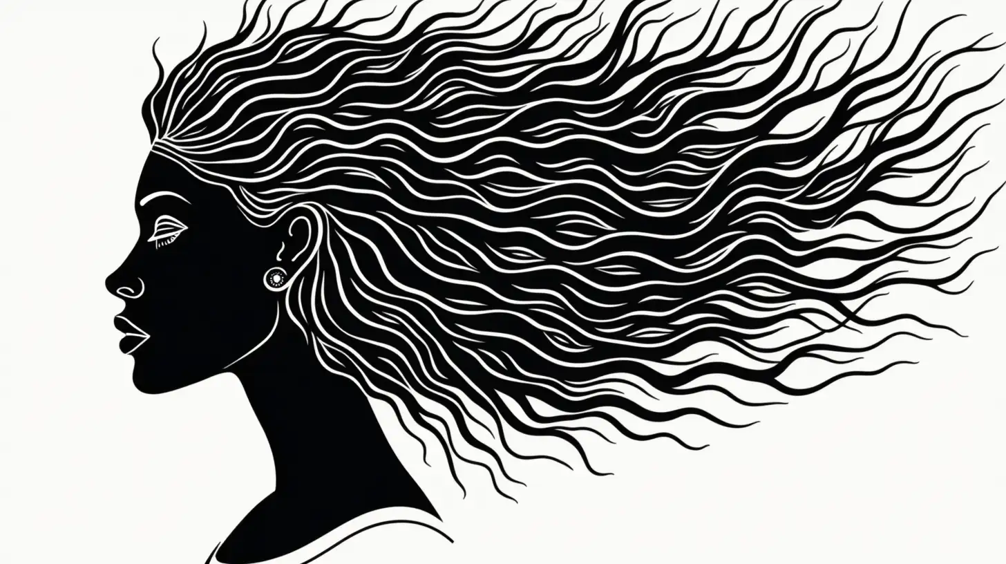 Elegant Egyptian Silhouette Black Woman with Luxurious Hair in Linocut Style