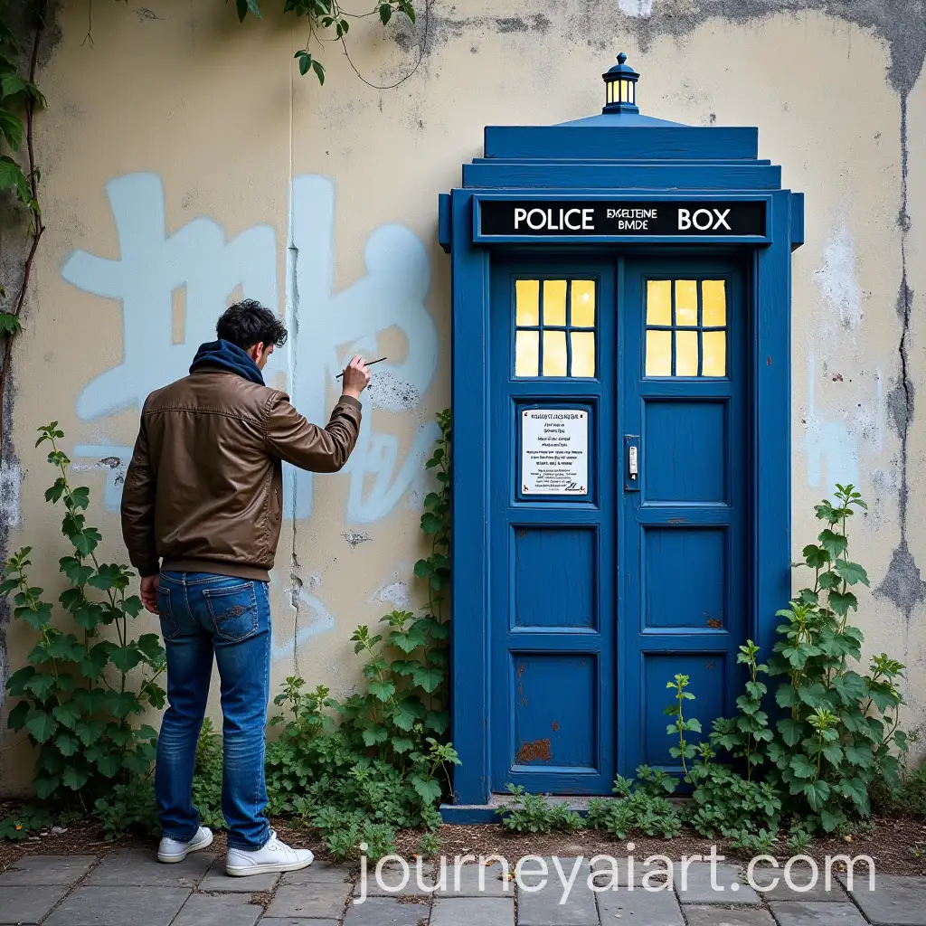 Graffiti-Artist-Painting-Doctor-Who-Telephone-Booth-on-Vandalized-Wall