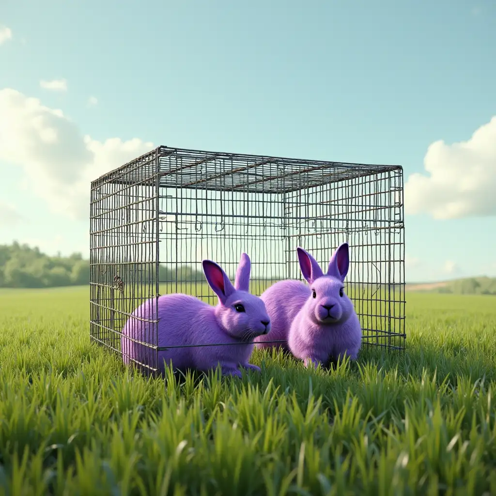 photorealistic, very large rabbit cage made of wire on a field, green grass, some rabbits purple colored inside the cage.