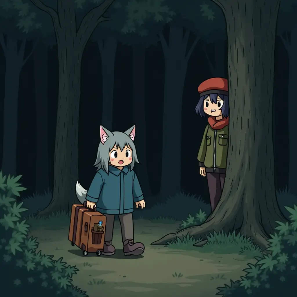 Through the dark forest walks a little wolf in a clean, tidy suitcase, fearfully holding onto a basket. Behind a tree, a big girl dressed like a bandit with a red beret, with a snarling mouth (fangs showing) is watching the little wolf. Style is anime.