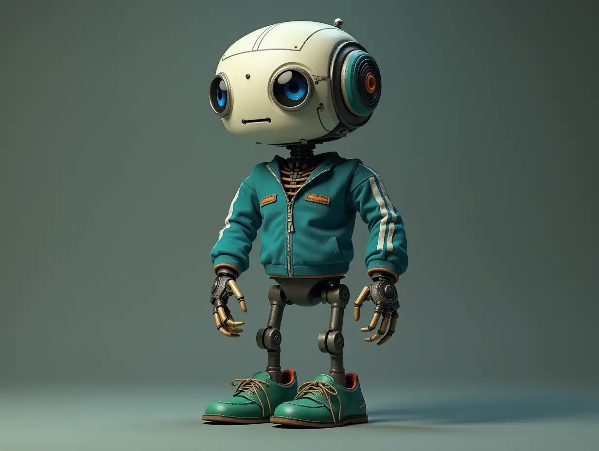 Create a high-resolution, realistic image of a robot with a skeleton body blue eyes, green leather shoes and head an old tracksuit, in 4K resolution