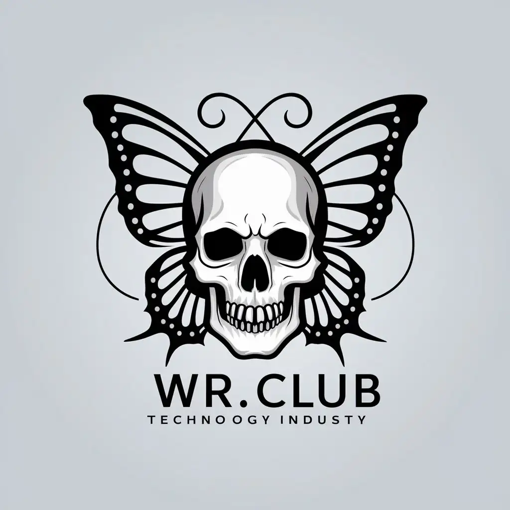 a vector logo design,with the text "WR.CLUB", main symbol:skull and butterfly,complex,be used in Technology industry,clear background