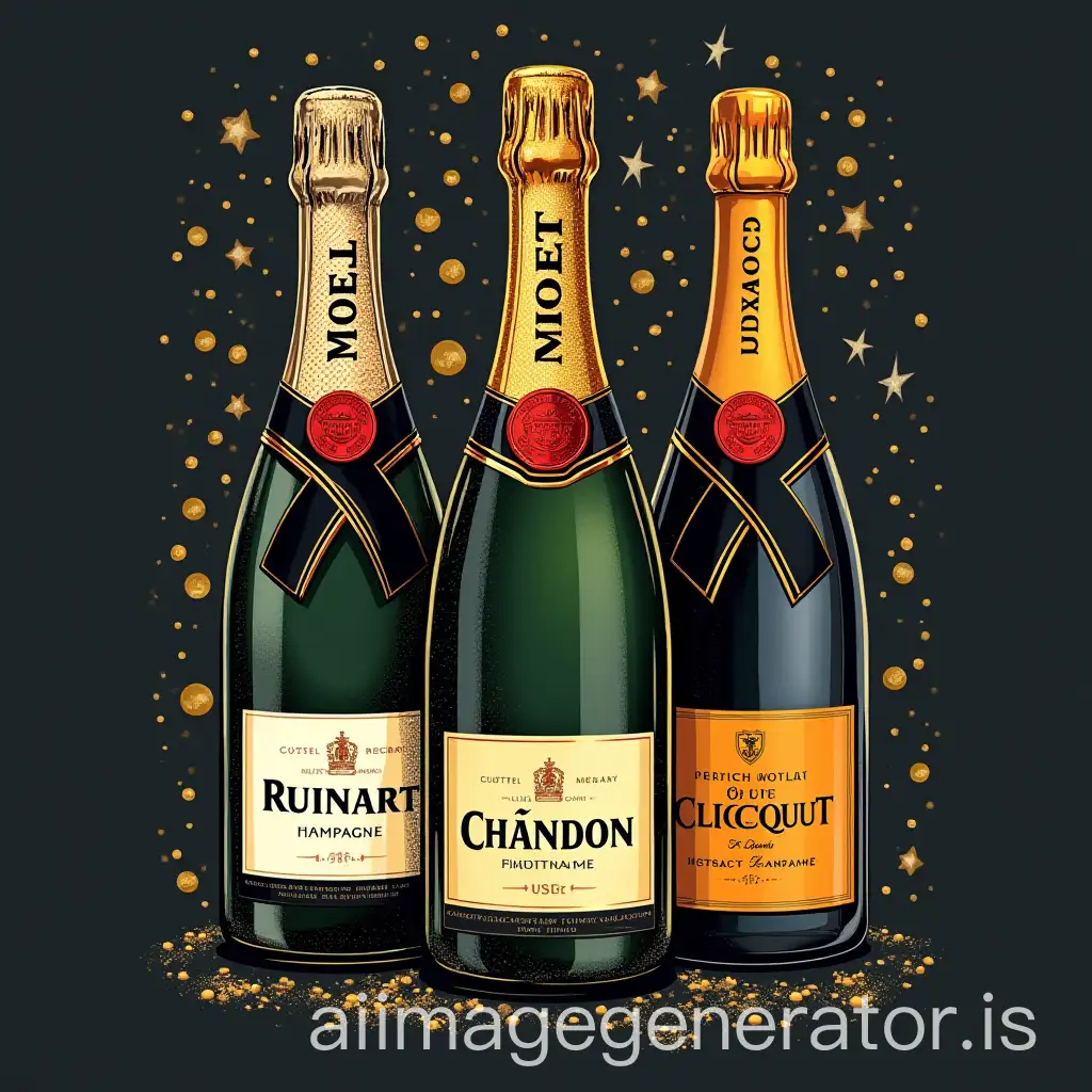 I am creating a t-shirt based on the festivity related to alcohol especially champagne on the back of my t-shirt I need 3 bottles of champagne together of different brands it needs to be ruinart moet and chandon as well as veuve Clicquot