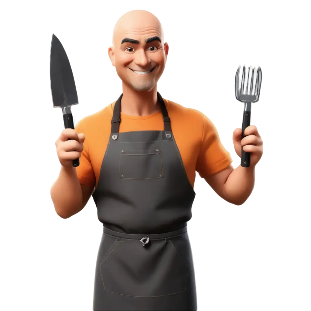 Anime-PNG-of-Bald-MiddleAged-Man-Smiling-with-Apron-Barbecue-Knife-and-Knife-Sharpener