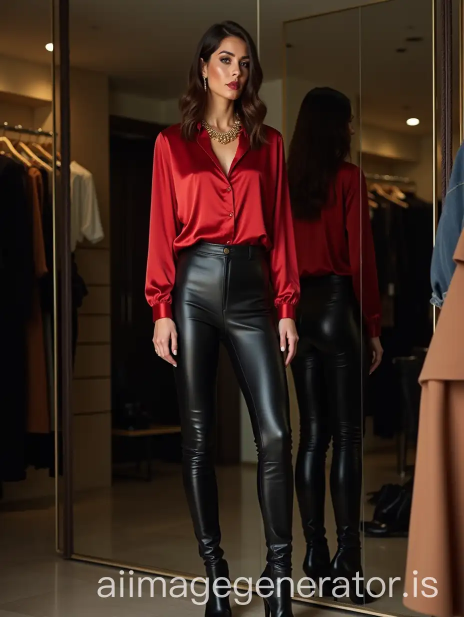 Elegant-French-Woman-in-Skintight-Leather-Pants-Admiring-Herself-in-Mirror
