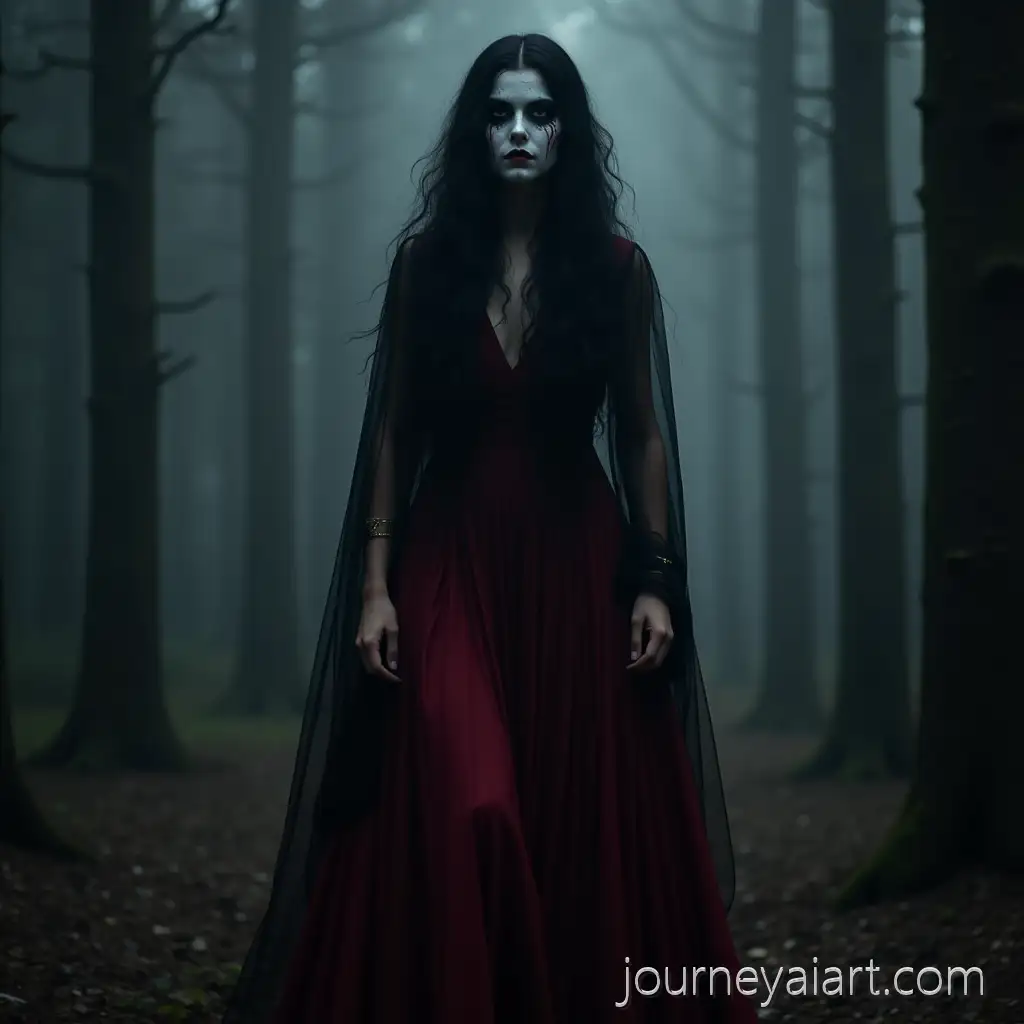 Witch-with-Long-Black-Hair-in-RedBlack-Dress-Surrounded-by-Foggy-Dark-Forest