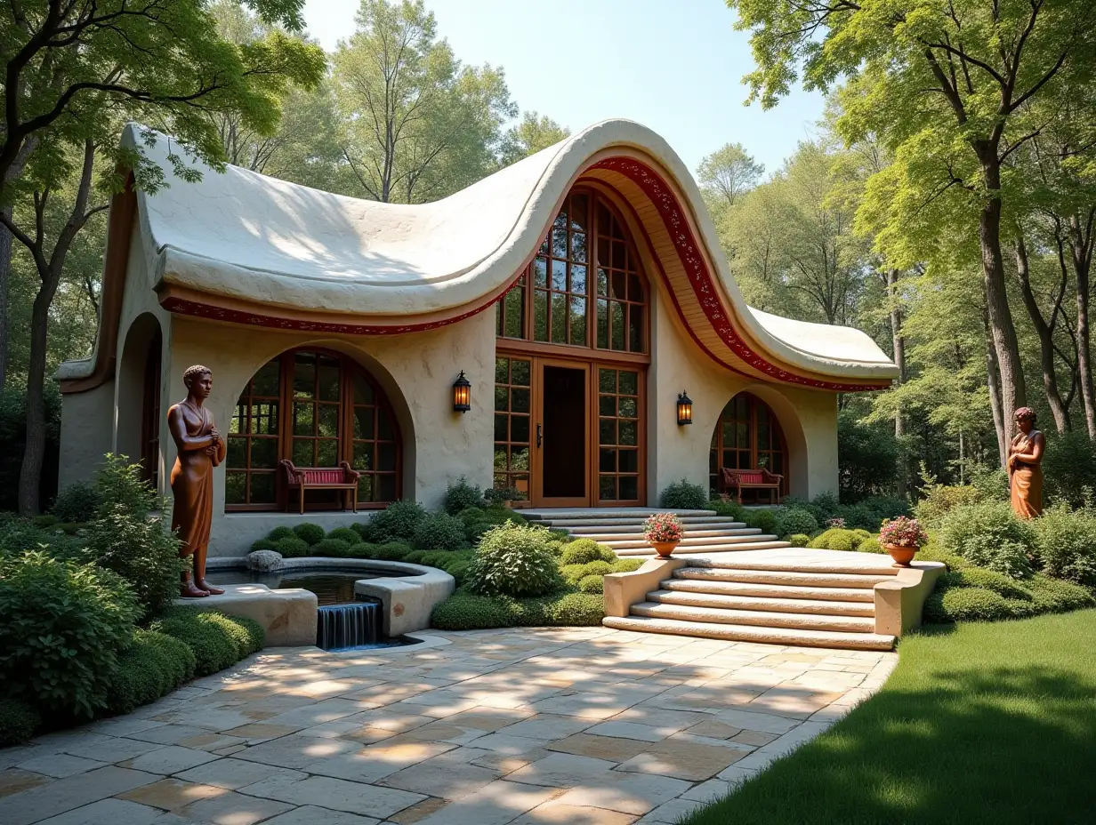 crooked house garden -with Bronze Statues with red ornamentation in the form of triangular patterns, white roof, large windows with glass, curved, rough window shapes, winding grand entrance stairs made of marble a small waterfall complex curved roof, lanterns, bench apple tree 4K resolution colorful super wide-angle shots