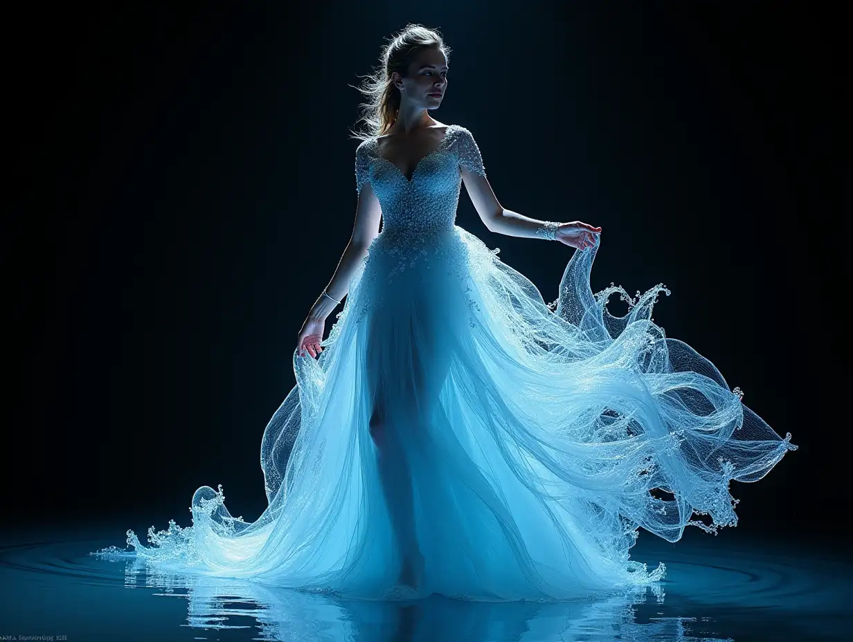 A stunning and surreal image of a weman wearing an intricate water dress made entirely of water waves, creating a mesmerizing and visually stunning effect. The weman is shown in a graceful pose against a dark background, with the water appearing to flow outward in a dramatic fan-like shape. This image can be created with the following prompt. Woman in an elaborate water dress made entirely of water waves, styled by Dmitry Kostanovich, Precision Fashion Show, Photoshop, Felicia Semyon, UHD image, Ekaterina Panikanova, Shiny and Glossy, HDR, Dynamic Mode, 32kb, Sharp Focus, Illustration. by Sasan.