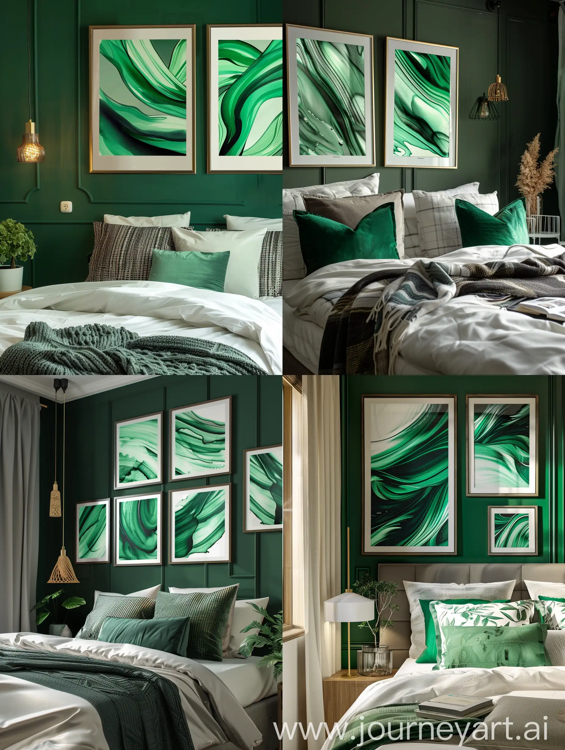 Artistic-Emerald-Green-Bedroom-Wall-Decor-with-Vibrant-Prints