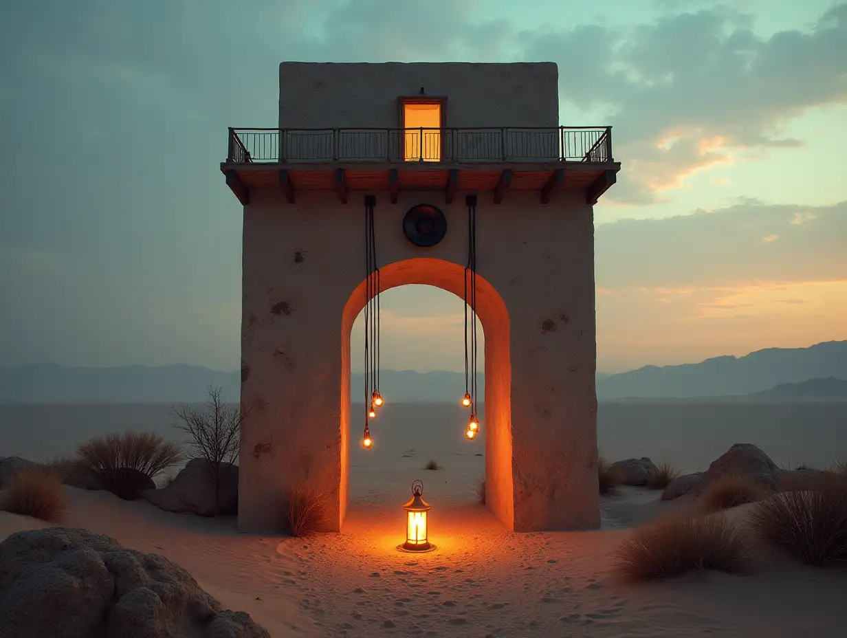 Face turning into a high building with terrace with speaker with lit hanging balls with roots and lantern in the desert with view to the viewer