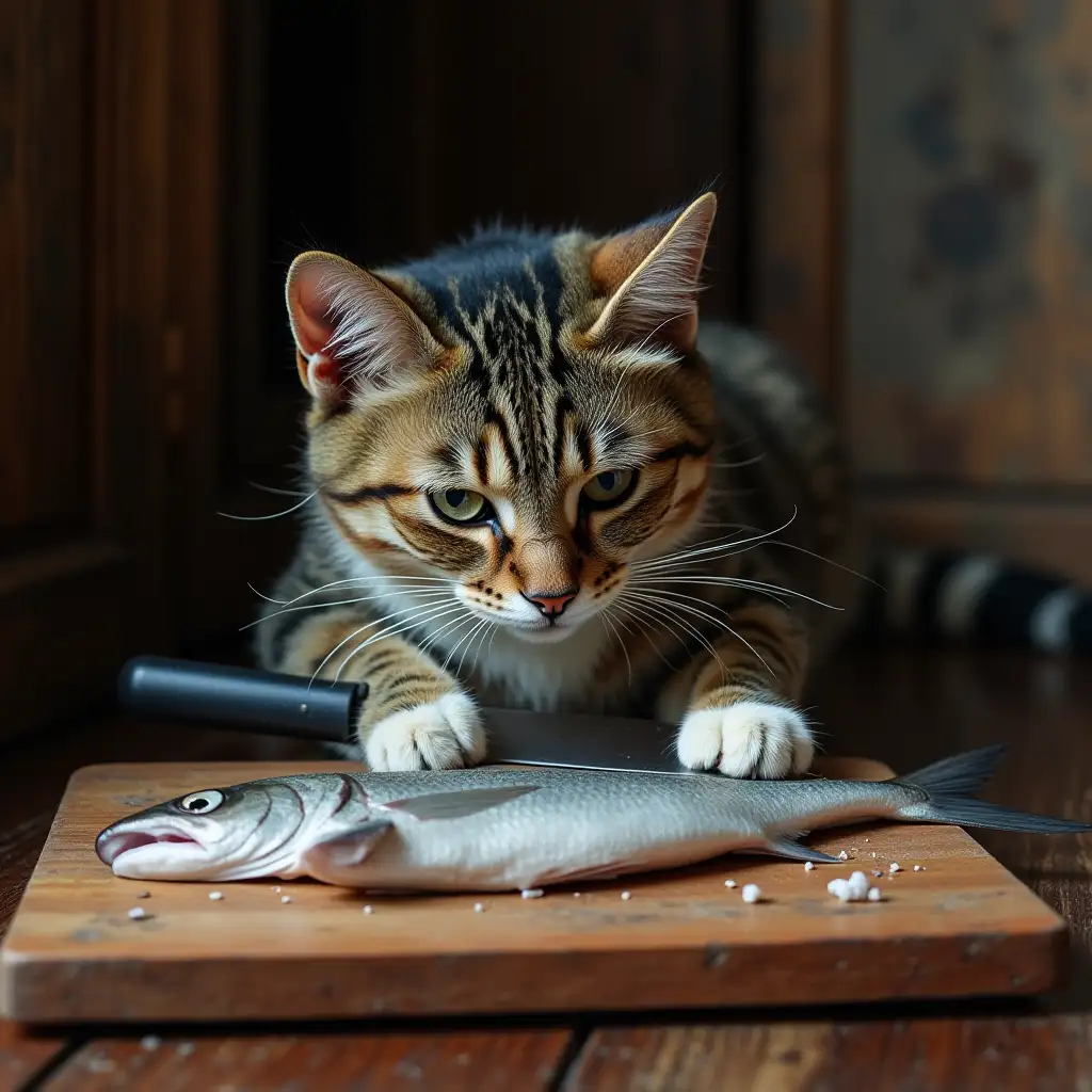 There is a cat in the fish of a house in front of which there is a wooden board with fish on it and this cat is cleaning it with a knife. reality